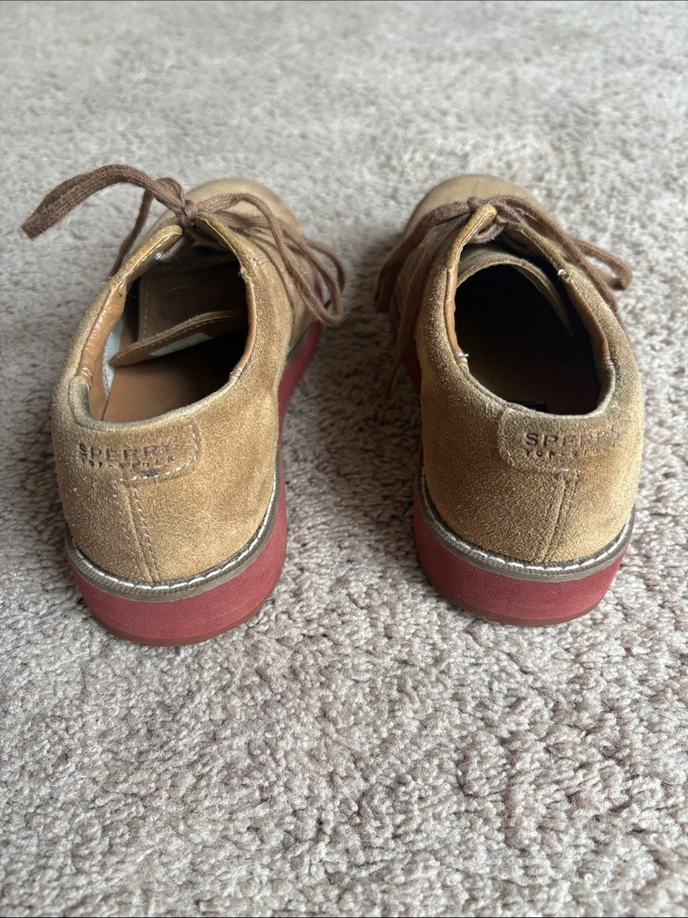 Sperry Men’s Tan Suede Boat Shoes with Red-Brown Sole